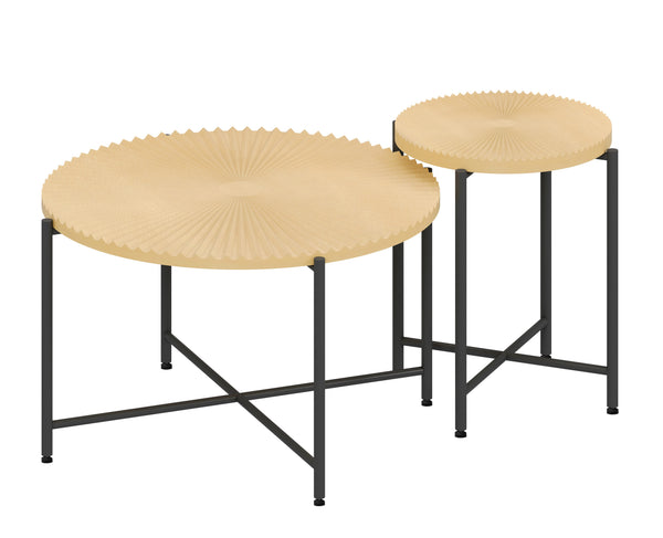 English Elm Radial Distressed 2-Piece Coffee and End Table Set with Waterproof MDF Top and Black Metal Legs Oak Natural Wood + Antique White B2735P269982