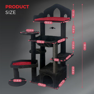 English Elm Black Gothic Cat Tower 58in Coffin Platform Sisal Scratching Hammock Cave Indoor W243P351721