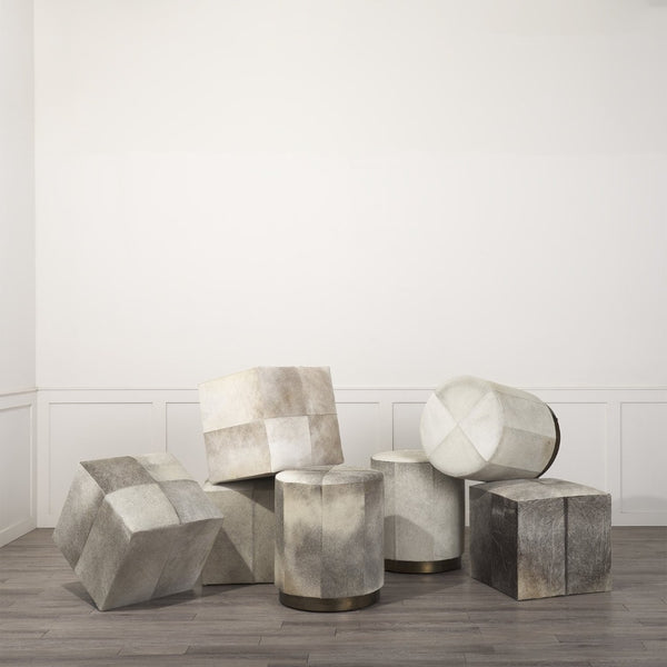 Mercana Zahavi I Handcrafted Cowhide Ottoman - Versatile Cube Accent for Modern, Boho, or Luxe Interiors Gray Hair-On-Hide | Gold Metal | 20W 69056