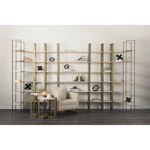 Mercana Taunton Industrial Six-Shelf Unit: Stylish Vertical Storage for Modern and Rustic Interiors, 90" Tall Light Brown Wood | Gold Metal 69230-AB