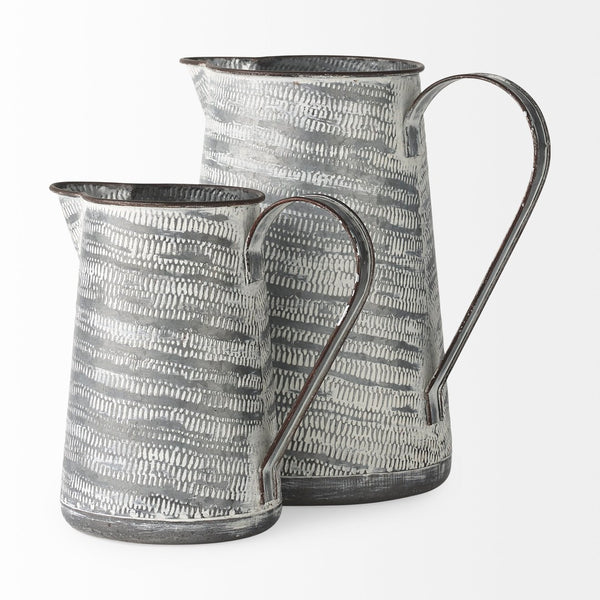 Mercana Serena Decorative Metal Jug - Rustic Charm with Textured Design for Home Styling and Accent Decor Gray/White Metal | 11H 68059