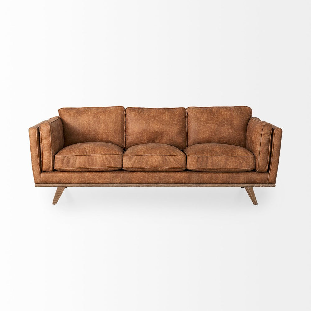 Mercana Brooks Cozy Cognac Three-Seater Sofa with Elegant Wood Legs for Modern Living Spaces and Comfort 69619