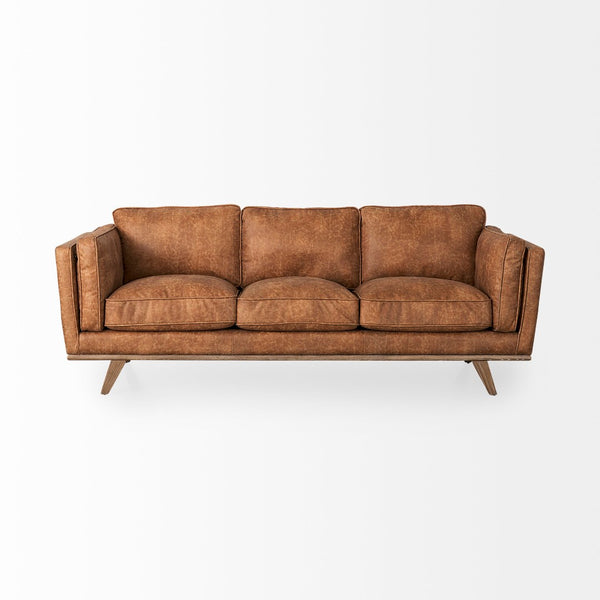 Mercana Brooks Cozy Cognac Three-Seater Sofa with Elegant Wood Legs for Modern Living Spaces and Comfort 69619