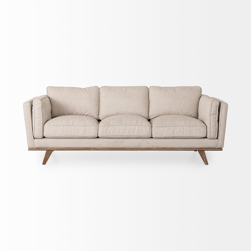 Mercana Brooks Three-Seater Sofa: Elegant Cream Upholstery with Sturdy Wood Legs for Cozy Living Spaces Cream Fabric | Brown Wood 69620
