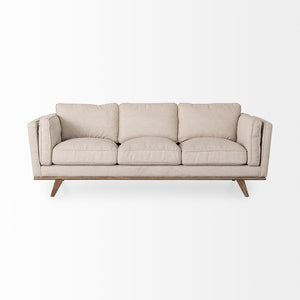 Mercana Brooks Three-Seater Sofa: Elegant Cream Upholstery with Sturdy Wood Legs for Cozy Living Spaces Cream Fabric | Brown Wood 69620