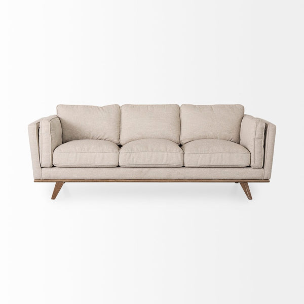 Mercana Brooks Three-Seater Sofa: Elegant Cream Upholstery with Sturdy Wood Legs for Cozy Living Spaces Cream Fabric | Brown Wood 69620