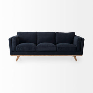 Mercana Brooks Three-Seater Sofa: Elegant Cream Upholstery with Sturdy Wood Legs for Cozy Living Spaces Blue Fabric | Brown Wood 69621