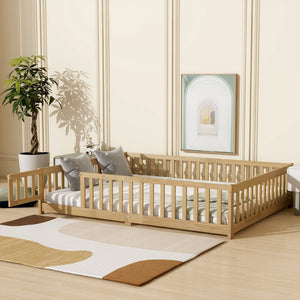 English Elm Queen Rubber Wood Floor Bed with Full Perimeter Safety Fence and Hinged Access Door Natural W504P429341
