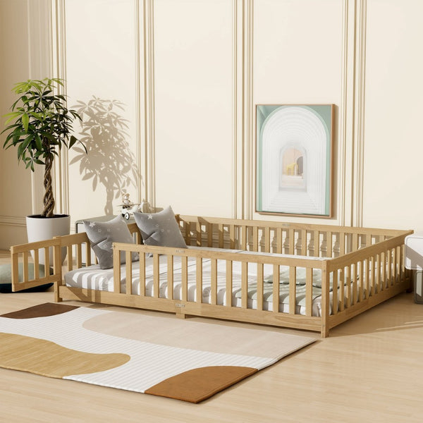 English Elm Queen Rubber Wood Floor Bed with Full Perimeter Safety Fence and Hinged Access Door Natural W504P429341