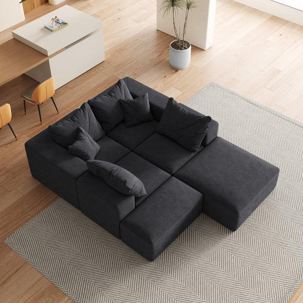 English Elm Modern Upholstered Sectional Sofa Set Modular 132" L-Shape Chenille Couch with 6 Pillows, No-Assembly Comfort and FlexibilityReadable? Black W834S00500