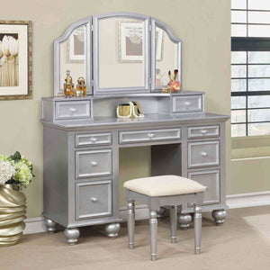 English Elm Transitional Glam Mirrored Vanity with Padded Stool, Spacious Drawers, Central Mirror for Prep and Storage Silver 51 L x 21 W x 30 H B2741P400804