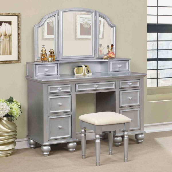 English Elm Transitional Glam Mirrored Vanity with Padded Stool, Spacious Drawers, Central Mirror for Prep and Storage Silver 51 L x 21 W x 30 H B2741P400804
