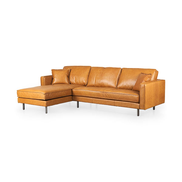 Mercana D'Arcy Mid-Century Modern Sectional Sofa - Luxurious Top-Grain Leather with Stylish Metal Legs Tan Leather | Left Chaise 69647-AB