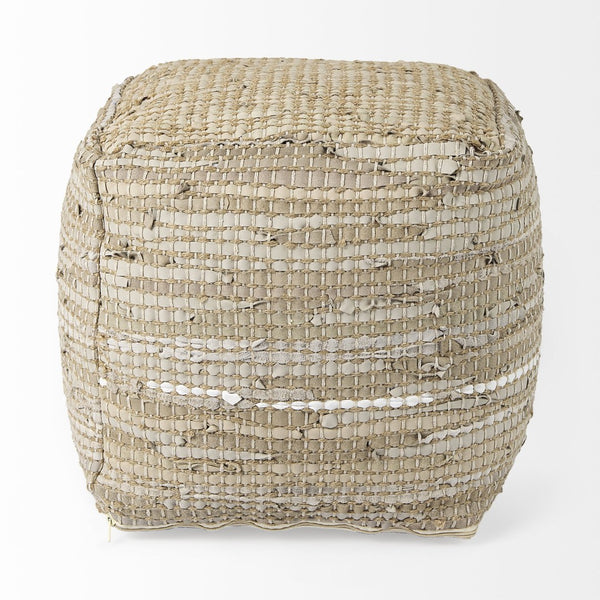 Mercana Aalia Handcrafted Pouf – Versatile Textured Accent for Contemporary and Global-Inspired Spaces Beige Leather & Jute 69503