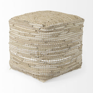 Mercana Aalia Handcrafted Pouf – Versatile Textured Accent for Contemporary and Global-Inspired Spaces Beige Leather & Jute 69503