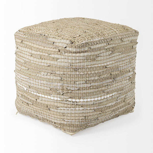 Mercana Aalia Handcrafted Pouf – Versatile Textured Accent for Contemporary and Global-Inspired Spaces Beige Leather & Jute 69503