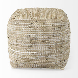 Mercana Aalia Handcrafted Pouf – Versatile Textured Accent for Contemporary and Global-Inspired Spaces Beige Leather & Jute 69503