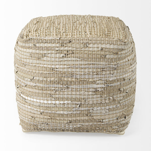Mercana Aalia Handcrafted Pouf – Versatile Textured Accent for Contemporary and Global-Inspired Spaces Beige Leather & Jute 69503