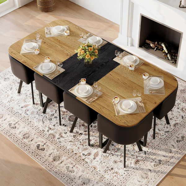 English Elm 9 Piece Industrial Modern Dining Set Two Tone Wood Table with 8 Pu Leather Chairs W3875S00106