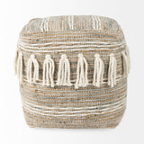 Mercana Avni 16.0L x 16.0W x 16.0H Cream/Brown Hemp and Wool Fringed Pouf 69508