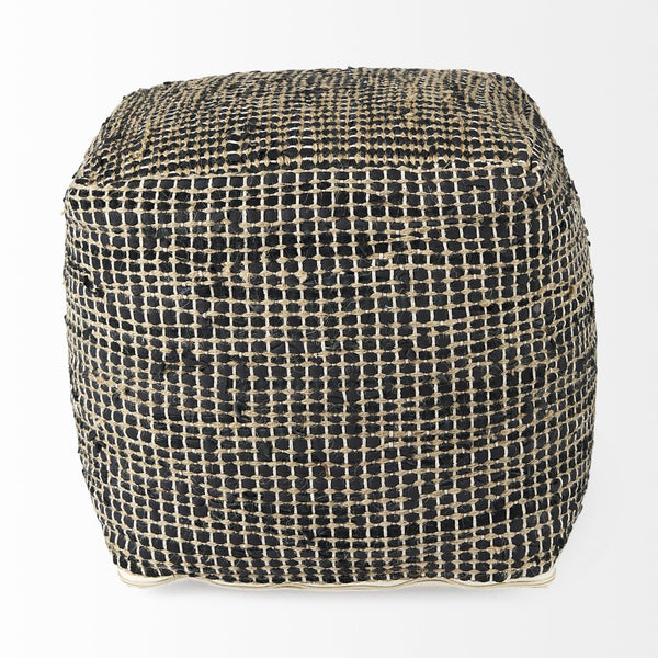 Mercana Aalia Handcrafted Pouf – Versatile Textured Accent for Contemporary and Global-Inspired Spaces Gray Leather & Jute 69561