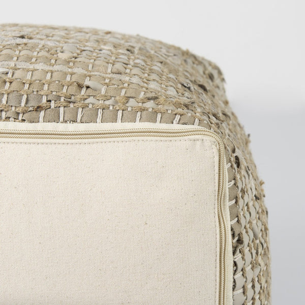 Mercana Aalia Handcrafted Pouf – Versatile Textured Accent for Contemporary and Global-Inspired Spaces Beige Leather & Jute 69503