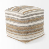 Mercana Aahana 16.0L x 16.0W x 16.0H White/Taupe/Gray Striped Hemp and Cotton Pouf 69502