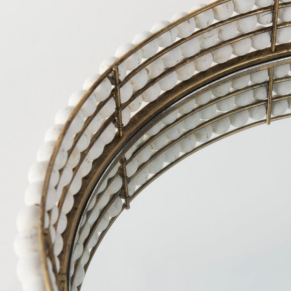 Mercana Decatur Elegant Round Tray with Mirrored Base & White Wooden Beads for Stunning Home Décor Display White Wood | Mirror 68674