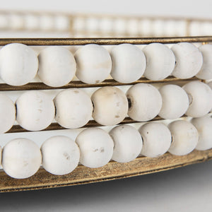Mercana Decatur Elegant Round Tray with Mirrored Base & White Wooden Beads for Stunning Home Décor Display White Wood | Mirror 68674