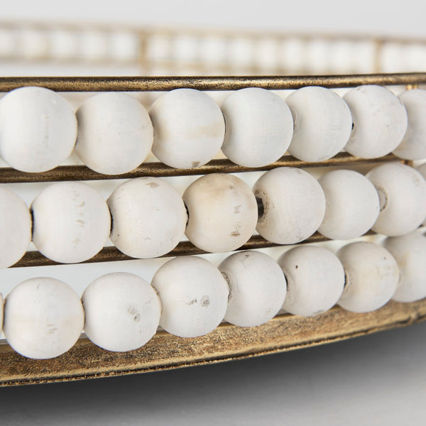 Mercana Decatur Elegant Round Tray with Mirrored Base & White Wooden Beads for Stunning Home Décor Display White Wood | Mirror 68674