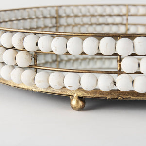 Mercana Decatur Elegant Round Tray with Mirrored Base & White Wooden Beads for Stunning Home Décor Display White Wood | Mirror 68674