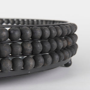 Mercana Decatur Elegant Round Tray with Mirrored Base & White Wooden Beads for Stunning Home Décor Display Black Wood | Mirror 68675