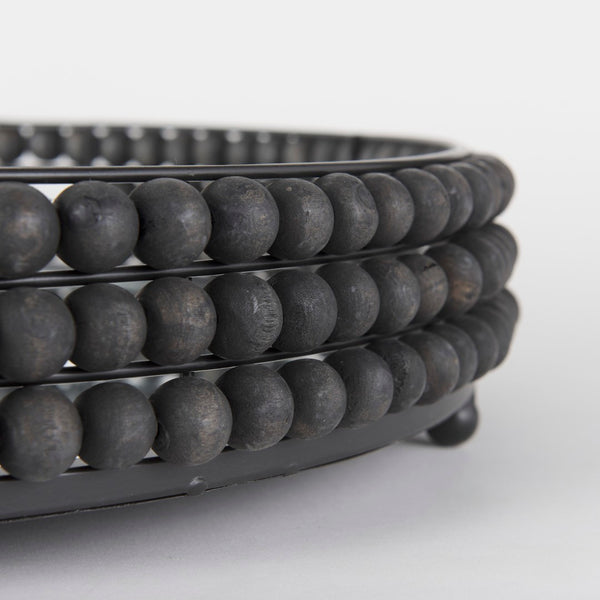 Mercana Decatur Elegant Round Tray with Mirrored Base & White Wooden Beads for Stunning Home Décor Display Black Wood | Mirror 68675