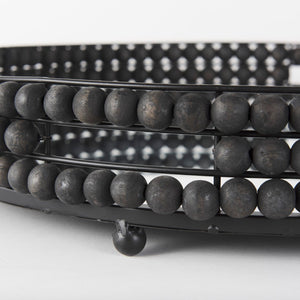 Mercana Decatur Elegant Round Tray with Mirrored Base & White Wooden Beads for Stunning Home Décor Display Black Wood | Mirror 68675