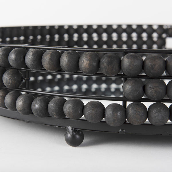 Mercana Decatur Elegant Round Tray with Mirrored Base & White Wooden Beads for Stunning Home Décor Display Black Wood | Mirror 68675