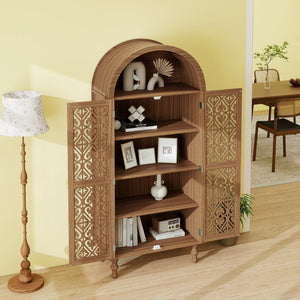 English Elm 70.28" Tall Walnut Pantry Cabinet Lattice Carved Doors Adjustable Shelves Two Drawers W688P303382
