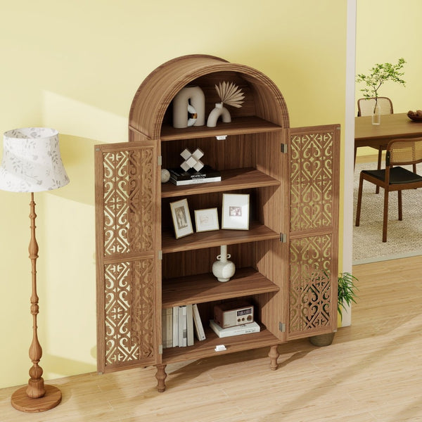 English Elm 70.28" Tall Walnut Pantry Cabinet Lattice Carved Doors Adjustable Shelves Two Drawers W688P303382