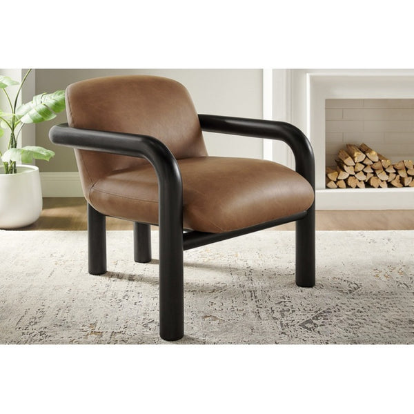 English Elm Modern Oak Framed Faux Leather Armchair Sculptural Accent Seat for Living Rooms Black Brown B011P423335