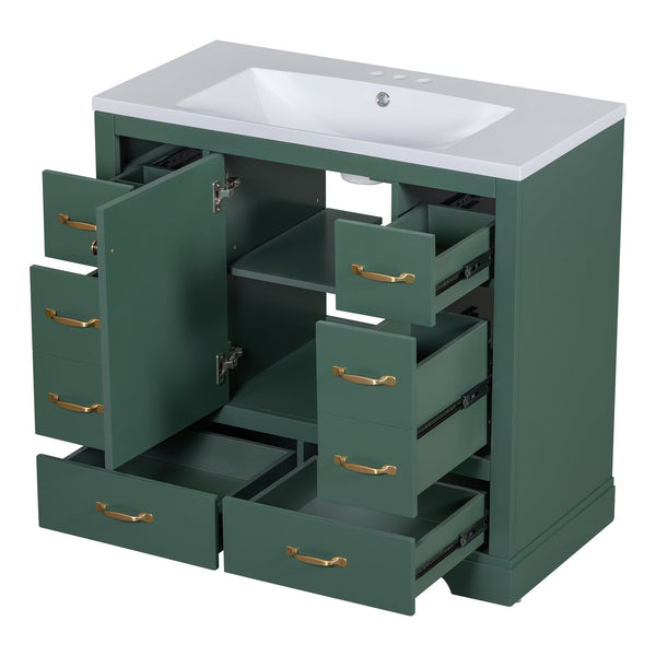 English Elm 36" Modern Bathroom Vanity with Ceramic Sink, Six Drawers, Adjustable Shelf, Solid Wood Build Green SY999808AAF-6