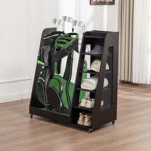 English Elm Golf Bag Storage Rack Wooden 2 Bag Organizer with Shoe Shelf for Garage Basement Black W1422P296350