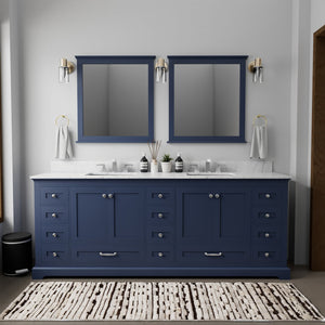 English Elm Navy Blue Double Bath Vanity 84" W With Carrara Marble Top, Faucets, And Elegant Mirrors Included B2731S01041