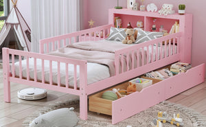 English Elm Twin Size Bed With Pink Finish, Headboard Storage, Under-Bed Drawers & Guardrails For Kids' Safety N733P272374H-GIGA