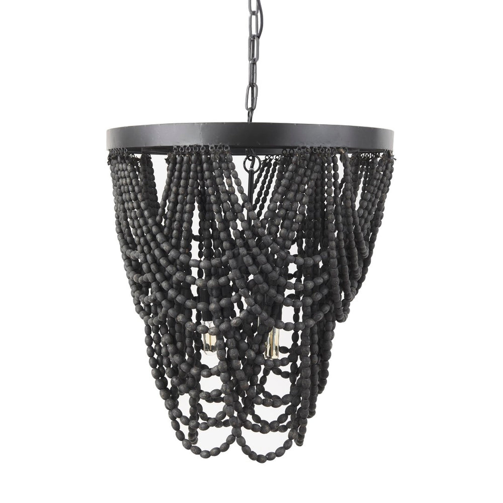 Mercana Pendra Chandelier: Elegant Three-Bulb Design with Wooden Beads for Stylish Lighting in Any Room Black Metal | Black Wood 69661
