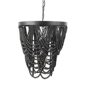 Mercana Pendra Chandelier: Elegant Three-Bulb Design with Wooden Beads for Stylish Lighting in Any Room Black Metal | Black Wood 69661