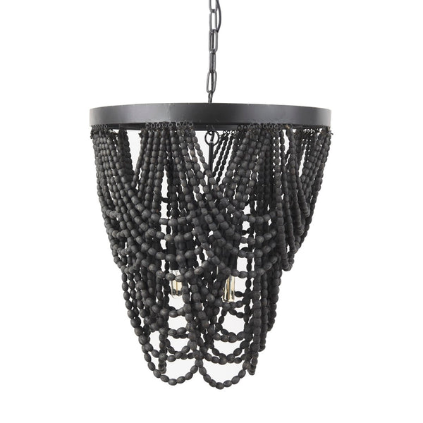 Mercana Pendra Chandelier: Elegant Three-Bulb Design with Wooden Beads for Stylish Lighting in Any Room Black Metal | Black Wood 69661
