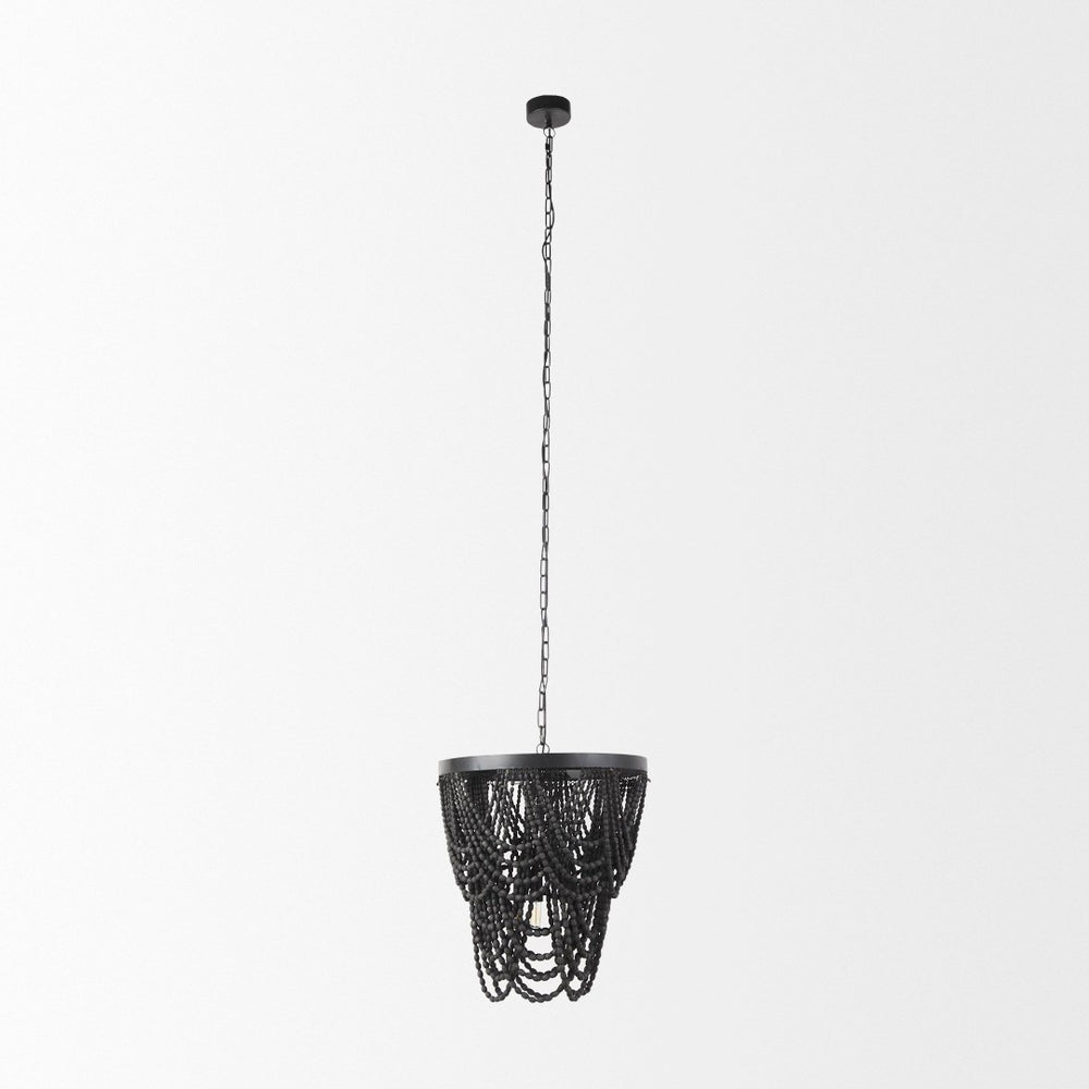 Mercana Pendra Chandelier: Elegant Three-Bulb Design with Wooden Beads for Stylish Lighting in Any Room Black Metal | Black Wood 69661
