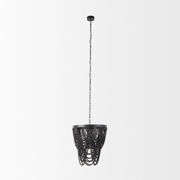 Mercana Pendra Chandelier: Elegant Three-Bulb Design with Wooden Beads for Stylish Lighting in Any Room Black Metal | Black Wood 69661
