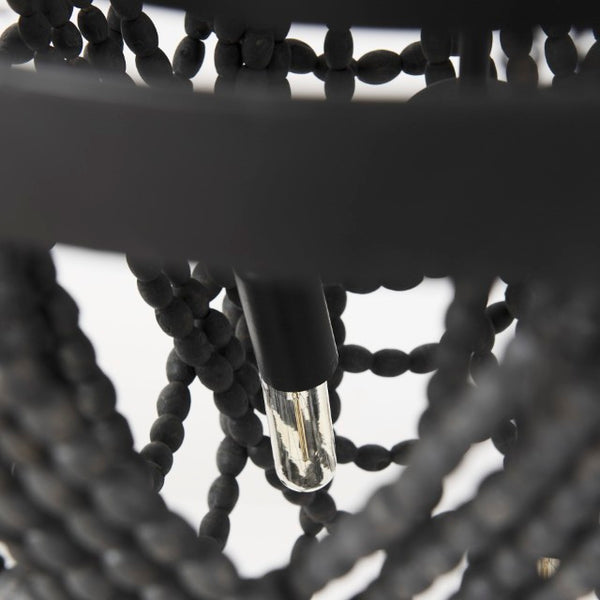 Mercana Pendra Chandelier: Elegant Three-Bulb Design with Wooden Beads for Stylish Lighting in Any Room Black Metal | Black Wood 69661