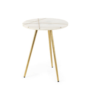 Mercana Vivienne  16.0L x 16.0W x 19.0H White Marble W/Antique Gold Metal Round Small Side Table 69674