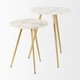 Mercana Vivienne  16.0L x 16.0W x 19.0H White Marble W/Antique Gold Metal Round Small Side Table 69674